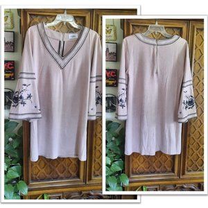 P. Cill Faux Suede Embroided Bell Sleeve Boho Dress - Blush, Size S